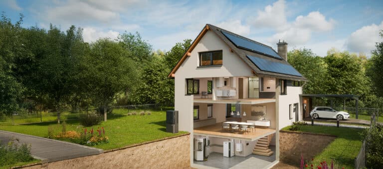 Systemhaus mit Solarthermie und Photovoltaik auf dem Dach, einer Wärmepumpe im Garten, einem Wärmespeicher, Pelletkessel und Gasbrennwertkessel im Keller.