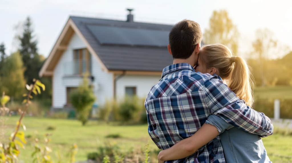 Glückliches Paar umarmt sich vor einem Haus mit Solarthermie auf dem Dach