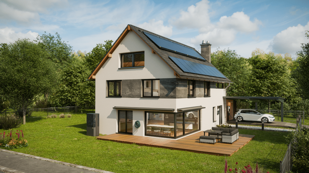 Systemhaus mit Solarthermie und Photovoltaik auf dem Dach, einer Wärmepumpe im Garten und einem Elektroauto das an einer Wallbox lädt