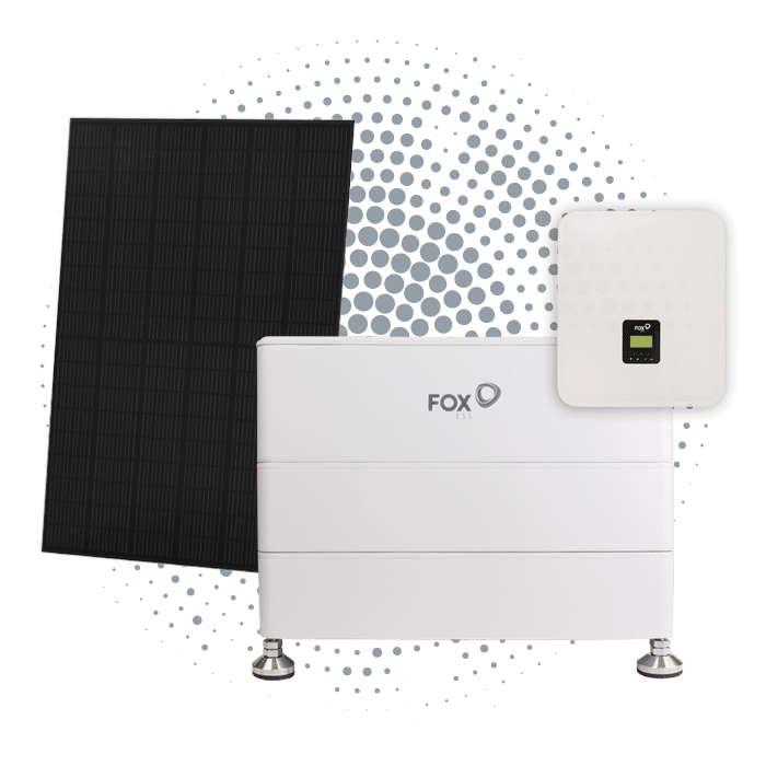 Photovoltaik Modul, Batterie und Wechselrichter aus der Pure Line von Ritter Energie auf einem grau gepunktetem Hintergrund