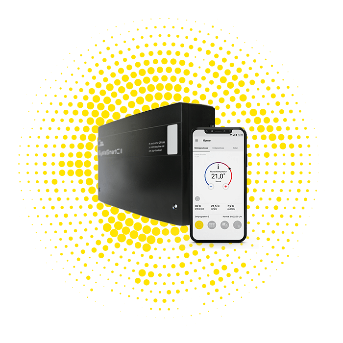 SystaSmartC II Regelung und Smartphone Mockup der App von Paradigma