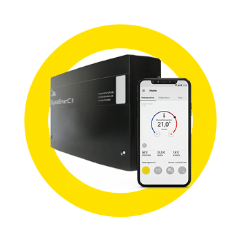 SystaSmartC II Regelung und Smartphone Mockup der App von Paradigma gelben Ring im Hintergrund