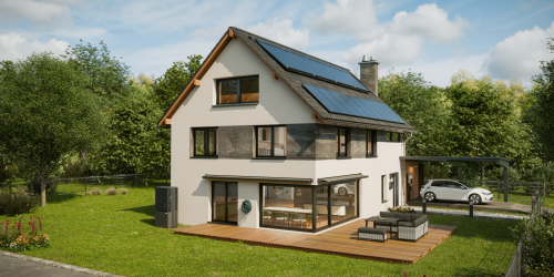 Systemhaus mit Solarthermie und Photovoltaik auf dem Dach, einer Wärmepumpe im Garten und einem Elektroauto das an einer Wallbox lädt